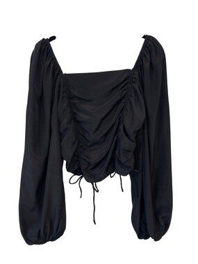 Fiestar Crop Top Medium Ruched Front Long Sleeve Smocked Back Black Trendy NEW